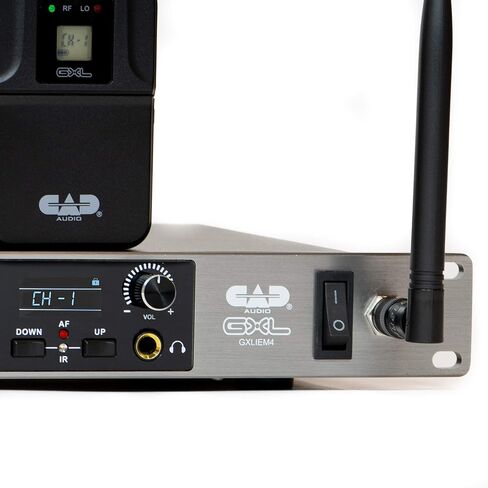 نظام مراقبة الأذن CAD Audio GXLIEM4 Frequency Agile Wireless داخل الأذن - أربعة مزيج منفصل - يتضمن 4 سماعات أذن MEB1، و4 أجهزة استقبال Bodypack، وأذنين مثبتتين على حامل ومجموعة نقل الهوائي، أسود in Kuwait