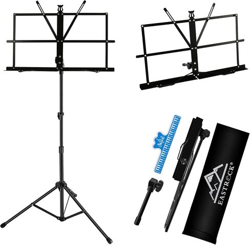 EASTROCK Folding Music Sheet Stand 2 in 1 Dual-Use Portable Music Stand Lightweight with Carrying Bag, Metal Music Stand Foldable with Music Sheet Holder Suitable for Instrumental Performance in Kuwait