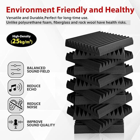 لوحات FONESO الصوتية عالية الكثافة عازلة للصوت للجدران، لوحات ممتصة للصوت، ألواح عازلة للضوضاء من الإسفنج الصوتي مقاومة للحريق لتسجيل الاستوديو 1 بوصة × 12 بوصة × 12 بوصة (24 حزمة)، أسود in Kuwait