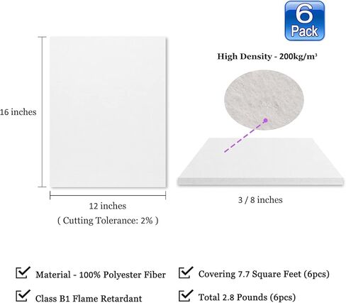 ممتص الصوت BXI - 16 × 12 × 3/8 بوصة 6 قطع من لوحة امتصاص الصوت عالية الكثافة، لوحات امتصاص الصوت تقلل من تردد الصدى، لوحات صوتية قابلة للمعالجة الصوتية للجدار والسقف in Kuwait
