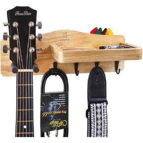 شماعة جيتار من الخشب الصلب الطبيعي مثبتة على الحائط مع رف وحامل اختيار - حامل جيتار مثبت على الحائط مع خطاف مطاطي قابل للتدوير، ملحقات جيتار للجيتار الصوتي أو الكهربائي أو الجهير، القيثارة in Kuwait