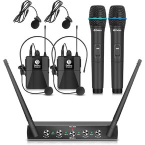 نظام ميكروفون لاسلكي D Debra Audio AU400 Pro UHF ذو 4 قنوات مع ميكروفونات سماعة رأس لاسلكية محمولة، جهاز استقبال معدني، مثالي لحفلات كنيسة الكاريوكي (مع 2 محمولة باليد و2 حقيبة للجسم (أ))