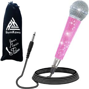 RB58 Pink Wired Microphone with 3.5M XLR Cable Connect Singing Machine Karaoke DJ Mixer Speaker System for Adult and Kids, Cardioid Dynamic Vocal Mic Bling Rhinestones Handle and Grille Band with Bag in Kuwait