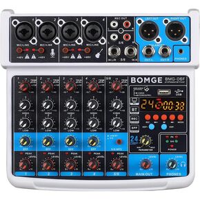 BOMGE 6 Channel mini DJ Audio sound mixer console with USB interface, Bluetooth, Stereo Recording, 48V Phantom Power, 24 DSP effects for karaoke, singing, live，streaming，pc recroding. (black)