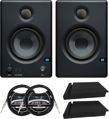 بري سونوس شاشات ستوديو اي 4.5 ثنائية الاتجاه 4.5 انش مع ار سي ايه، 1/4 انش تي ار اس، موصلات 1/8 انش (زوج) حزمة مع وسادات عزل صوتي بلوكويل 2 × و2 × 10 انش كيبلات اداة مستقيمة (1/4 انش) in Kuwait