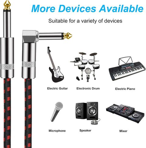 Guitar Instrument Cable 10 Foot 1/4 inch Straight to Right Angle Noise Reduction Audio Cord 6.35 mm for Electric Guitar Bass Keyboard Drum Speaker Microphone 2 Pack in Kuwait