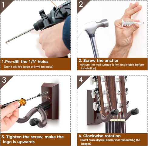 2 حزمة غيتار جدار جبل شماعات - Ait-u المهنية على شكل حرف V الغيتار شماعات جدار جبل قابل للتعديل حامل جدار الغيتار هوك مع قاعدة من الخشب الصلب للقيثارات الصوتية باس القيثارة in Kuwait