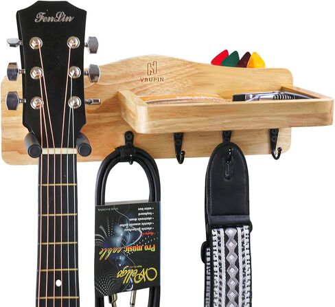 شماعة جيتار من الخشب الصلب الطبيعي مثبتة على الحائط مع رف وحامل اختيار - حامل جيتار مثبت على الحائط مع خطاف مطاطي قابل للتدوير، ملحقات جيتار للجيتار الصوتي أو الكهربائي أو الجهير، القيثارة in Kuwait