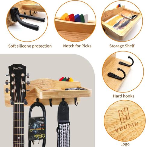 شماعة جيتار من الخشب الصلب الطبيعي مثبتة على الحائط مع رف وحامل اختيار - حامل جيتار مثبت على الحائط مع خطاف مطاطي قابل للتدوير، ملحقات جيتار للجيتار الصوتي أو الكهربائي أو الجهير، القيثارة in Kuwait