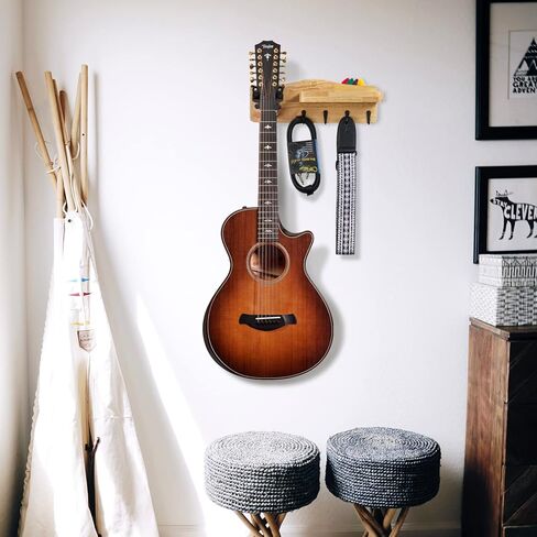 شماعة جيتار من الخشب الصلب الطبيعي مثبتة على الحائط مع رف وحامل اختيار - حامل جيتار مثبت على الحائط مع خطاف مطاطي قابل للتدوير، ملحقات جيتار للجيتار الصوتي أو الكهربائي أو الجهير، القيثارة in Kuwait