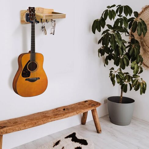 شماعة جيتار من الخشب الصلب الطبيعي مثبتة على الحائط مع رف وحامل اختيار - حامل جيتار مثبت على الحائط مع خطاف مطاطي قابل للتدوير، ملحقات جيتار للجيتار الصوتي أو الكهربائي أو الجهير، القيثارة in Kuwait
