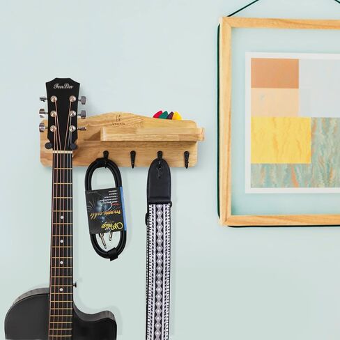 شماعة جيتار من الخشب الصلب الطبيعي مثبتة على الحائط مع رف وحامل اختيار - حامل جيتار مثبت على الحائط مع خطاف مطاطي قابل للتدوير، ملحقات جيتار للجيتار الصوتي أو الكهربائي أو الجهير، القيثارة in Kuwait