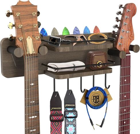 Guitar Wall Mount with 2 Rotatable Hangers, Double Guitar Wall Hangers with Shelf and 5 Hooks, Wood Guitar Holder Wall Stand Hanging Rack for Acoustic, Electric Guitar, Bass, Ukulele, Banjo, Mandolin in Kuwait