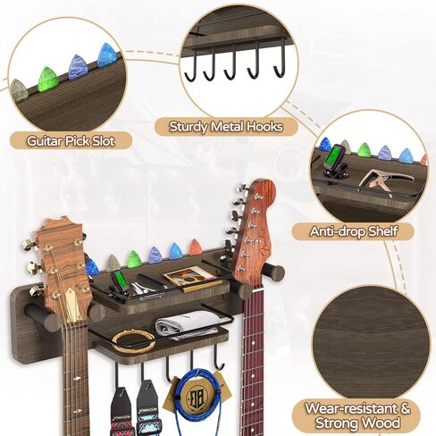 Guitar Wall Mount with 2 Rotatable Hangers, Double Guitar Wall Hangers with Shelf and 5 Hooks, Wood Guitar Holder Wall Stand Hanging Rack for Acoustic, Electric Guitar, Bass, Ukulele, Banjo, Mandolin in Kuwait