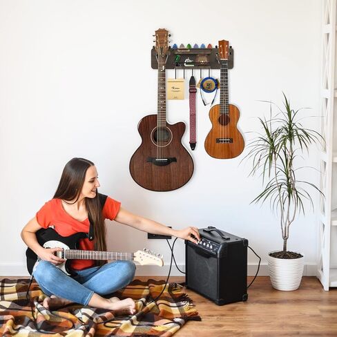 Guitar Wall Mount with 2 Rotatable Hangers, Double Guitar Wall Hangers with Shelf and 5 Hooks, Wood Guitar Holder Wall Stand Hanging Rack for Acoustic, Electric Guitar, Bass, Ukulele, Banjo, Mandolin in Kuwait
