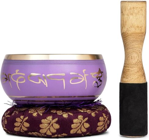 Purple Singing Bowl Set with Wooden Mallet and Cushion, Brass – Unique, Tibetan Bowls for Meditation, Grounding, Experiencing Spiritual Oneness - Lightweight Bowl - Decor for Home, Yoga Studio in Kuwait