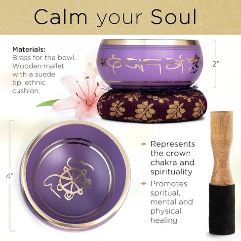 Purple Singing Bowl Set with Wooden Mallet and Cushion, Brass – Unique, Tibetan Bowls for Meditation, Grounding, Experiencing Spiritual Oneness - Lightweight Bowl - Decor for Home, Yoga Studio in Kuwait