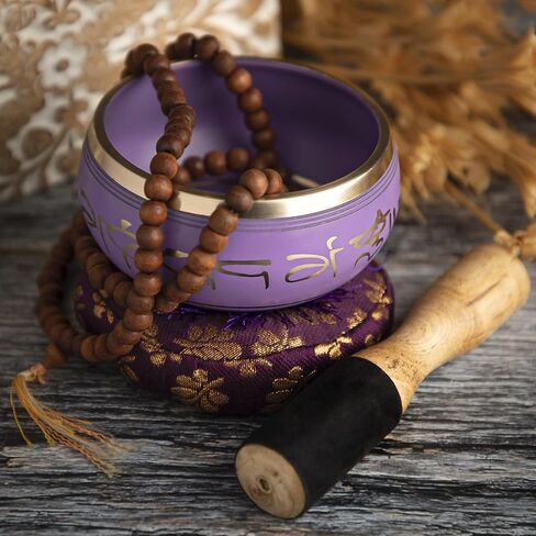 Purple Singing Bowl Set with Wooden Mallet and Cushion, Brass – Unique, Tibetan Bowls for Meditation, Grounding, Experiencing Spiritual Oneness - Lightweight Bowl - Decor for Home, Yoga Studio in Kuwait
