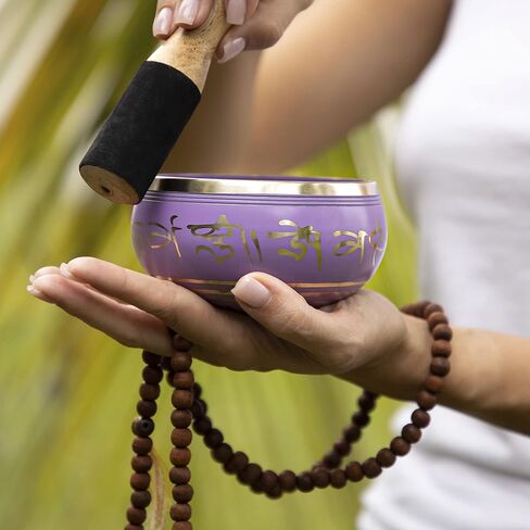 Purple Singing Bowl Set with Wooden Mallet and Cushion, Brass – Unique, Tibetan Bowls for Meditation, Grounding, Experiencing Spiritual Oneness - Lightweight Bowl - Decor for Home, Yoga Studio in Kuwait