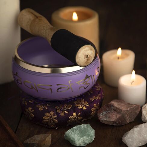 Purple Singing Bowl Set with Wooden Mallet and Cushion, Brass – Unique, Tibetan Bowls for Meditation, Grounding, Experiencing Spiritual Oneness - Lightweight Bowl - Decor for Home, Yoga Studio in Kuwait