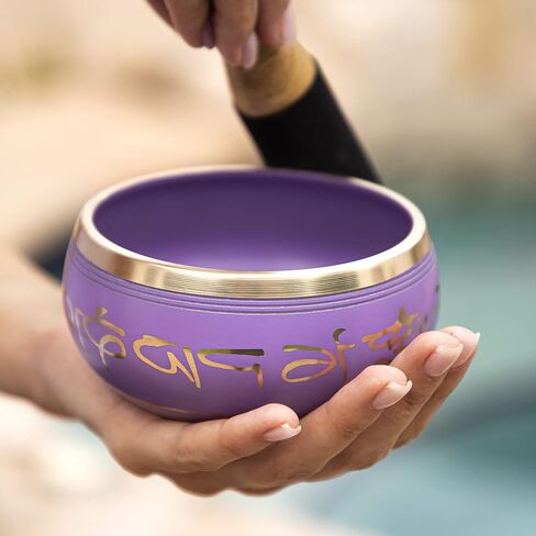 Purple Singing Bowl Set with Wooden Mallet and Cushion, Brass – Unique, Tibetan Bowls for Meditation, Grounding, Experiencing Spiritual Oneness - Lightweight Bowl - Decor for Home, Yoga Studio in Kuwait