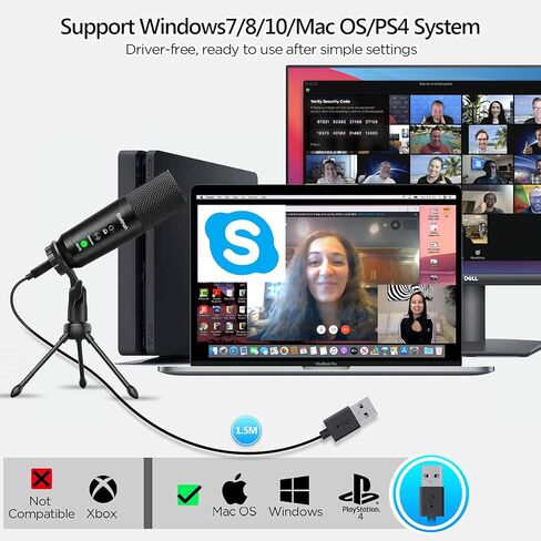 ميكروفون كمبيوتر USB مع كتم الصوت / 3.5 مم سماعة جاك ، مقبس 24 بت وتشغيل معدن مكثف Cardioid تدفق الميكروفون لجهاز ماك ويندوز الكمبيوتر المكتبي ، لاجتماعات التكبير ، يوتيوب ، التسجيل ، سكايب in Kuwait