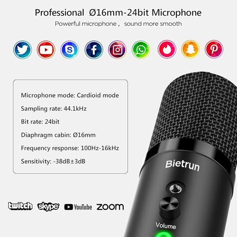 ميكروفون كمبيوتر USB مع كتم الصوت / 3.5 مم سماعة جاك ، مقبس 24 بت وتشغيل معدن مكثف Cardioid تدفق الميكروفون لجهاز ماك ويندوز الكمبيوتر المكتبي ، لاجتماعات التكبير ، يوتيوب ، التسجيل ، سكايب in Kuwait