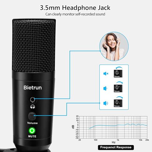 ميكروفون كمبيوتر USB مع كتم الصوت / 3.5 مم سماعة جاك ، مقبس 24 بت وتشغيل معدن مكثف Cardioid تدفق الميكروفون لجهاز ماك ويندوز الكمبيوتر المكتبي ، لاجتماعات التكبير ، يوتيوب ، التسجيل ، سكايب in Kuwait
