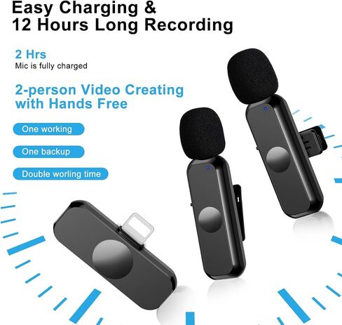 Djoyxrr Wireless Lavalier Microphone Compatible with iPhone, Mini Dual Lapel Clip on Mic for Phone Video Recording Vlog YouTube Podcast in Saudi Arabia