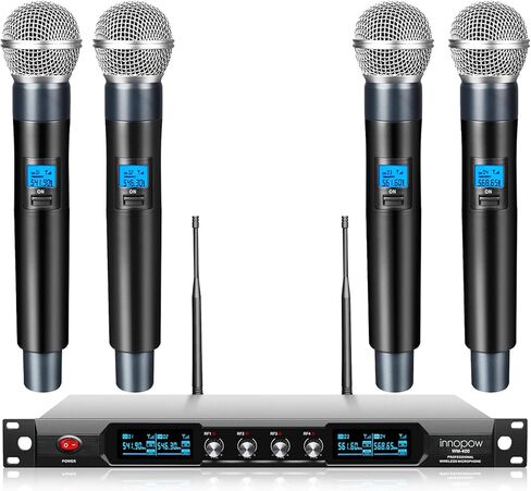 نظام ميكروفون لاسلكي من innopow ذو 4 قنوات، ميكروفون لاسلكي رباعي UHF معدني، 4 ميكروفونات محمولة، مسافة طويلة 150-200 قدم، تردد ثابت، استخدام 16 ساعة لغناء الكاريوكي، الكنيسة in Kuwait
