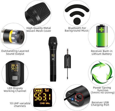 Depusheng W1 Wireless Microphone, Karaoke Mic, UHF Handheld Dynamic System with Rechargeable Receiver for Party, Church, Meeting, Wedding, 150ft, Black in Saudi Arabia