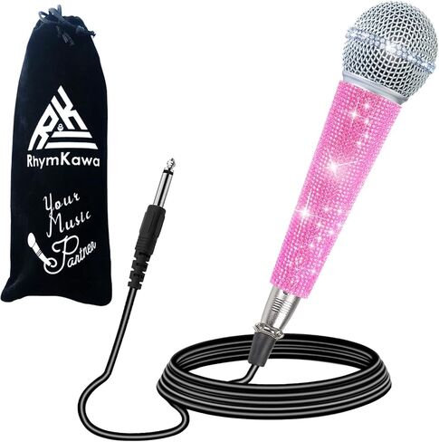 ميكروفون سلكي بلون بينك RB58 مع كيبل XLR 3.5 متر مع جهاز غناء كاريوكي دي جي خلاط نظام مكبر صوت للبالغين والاطفال، ميكروفون صوتي ديناميكي قلبي مع مقبض من حجر الراين اللامع وحزام شبكي مع حقيبة in Kuwait