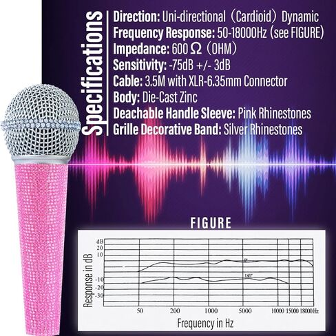 ميكروفون سلكي بلون بينك RB58 مع كيبل XLR 3.5 متر مع جهاز غناء كاريوكي دي جي خلاط نظام مكبر صوت للبالغين والاطفال، ميكروفون صوتي ديناميكي قلبي مع مقبض من حجر الراين اللامع وحزام شبكي مع حقيبة in Kuwait
