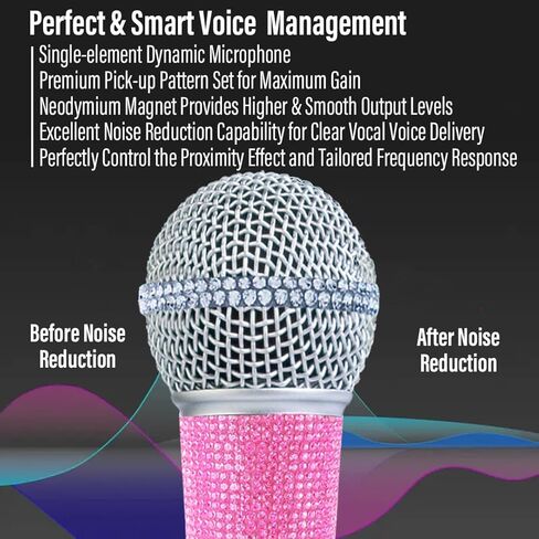 ميكروفون سلكي بلون بينك RB58 مع كيبل XLR 3.5 متر مع جهاز غناء كاريوكي دي جي خلاط نظام مكبر صوت للبالغين والاطفال، ميكروفون صوتي ديناميكي قلبي مع مقبض من حجر الراين اللامع وحزام شبكي مع حقيبة in Kuwait