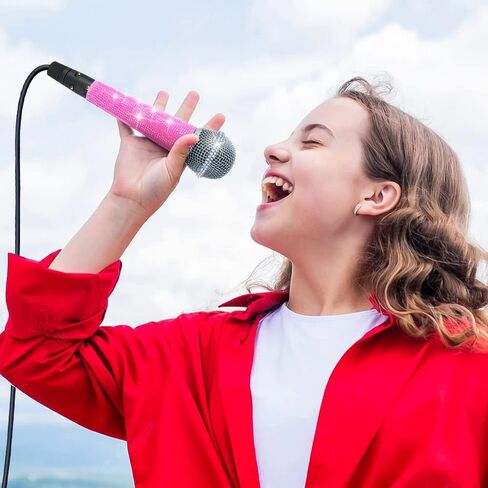 ميكروفون سلكي بلون بينك RB58 مع كيبل XLR 3.5 متر مع جهاز غناء كاريوكي دي جي خلاط نظام مكبر صوت للبالغين والاطفال، ميكروفون صوتي ديناميكي قلبي مع مقبض من حجر الراين اللامع وحزام شبكي مع حقيبة in Kuwait