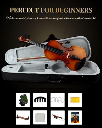LMS كمان للأطفال Aduts 4/4 الكمان الصوتي، مجموعة كمان للأطفال بحجم كامل من الخشب الصلب للمبتدئين مع موالف حافظة روزين للكتف كتم الصوت وأوتار إضافية (4/4 (الحجم الكامل)) in Kuwait
