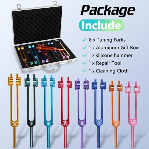 مجموعة شوكة الرنين سولفيجيو من تيباتيارد - 8 قطع شوكة ضبط ملونة مرجحة، شوكة ضبط الشاكرا للشفاء والعلاج الصوتي والتأمل in Kuwait