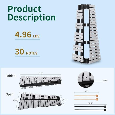 مجموعة أدوات قرع إكسيليفون فيبرافون من جلوكنسبيل، 30 ملاحظة قابلة للطي للبالغين والأطفال - تتضمن مطرقتين وحقيبة حمل in Kuwait