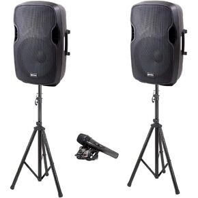 Gemini Sound Bluetooth Dual Active/Passive 15" Inch Woofer 2000W Watts Speaker PA System, XLR Input/Output, 1/4" Inch Mic, RCA/AUX Inputs, USB SD Card, Mixer Stands Cables Microphone Set Bundle in Kuwait