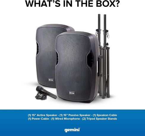 مكبر صوت Gemini Sound Bluetooth مزدوج نشط/خامل 15 بوصة مكبر صوت 2000 وات نظام PA، مدخل/مخرج XLR، ميكروفون 1/4 بوصة، مدخلات RCA/AUX، بطاقة USB SD، حامل خلاط، مجموعة كابلات الميكروفون in Saudi Arabia
