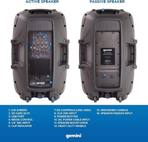 مكبر صوت Gemini Sound Bluetooth مزدوج نشط/خامل 15 بوصة مكبر صوت 2000 وات نظام PA، مدخل/مخرج XLR، ميكروفون 1/4 بوصة، مدخلات RCA/AUX، بطاقة USB SD، حامل خلاط، مجموعة كابلات الميكروفون in Saudi Arabia