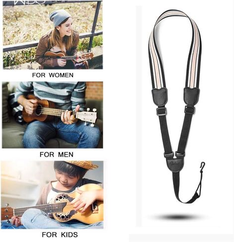 حزام قيثارة بمشبك على شكل حرف J قابل للتعديل باطوال مختلفة وحزام قيثارة بدون ثقب لحفلة السوبرانو وتينور والقيثارة (ذهبي فاتح/ابيض) in Kuwait