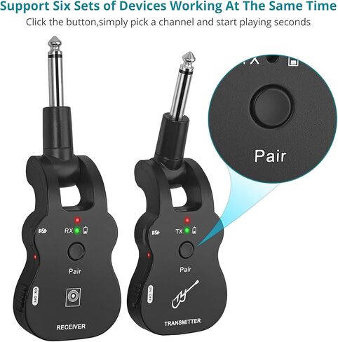 نظام جيتار لاسلكي من جيجيو يو اتش اف جهاز ارسال واستقبال جيتار لاسلكي مع 6 قنوات مدمجة ببطارية ليثيوم قابلة لاعادة الشحن ونظام جيتار رقمي للغيتار الكهربائي والباس (اسود) in Kuwait