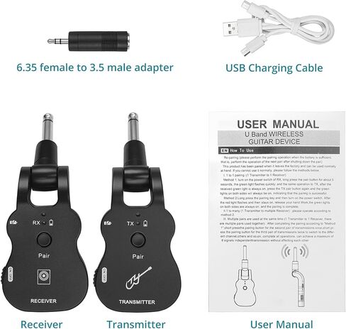 نظام جيتار لاسلكي من جيجيو يو اتش اف جهاز ارسال واستقبال جيتار لاسلكي مع 6 قنوات مدمجة ببطارية ليثيوم قابلة لاعادة الشحن ونظام جيتار رقمي للغيتار الكهربائي والباس (اسود) in Kuwait