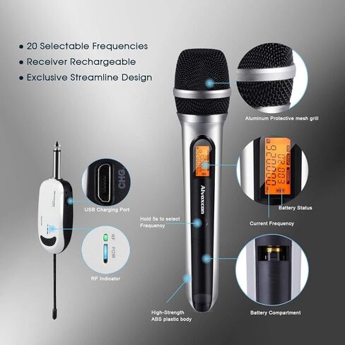 نظام ميكروفون لاسلكي Alvoxcon، ميكروفون ديناميكي UHF محمول باليد لـ PA، مضخم الصوت، ستيريو، المؤتمرات، DJ، التسجيل الصوتي، الغناء، الكنيسة، الأداء على المسرح، أحداث الحفلات (جهاز استقبال صغير بمقبس 1/4 بوصة) in Kuwait