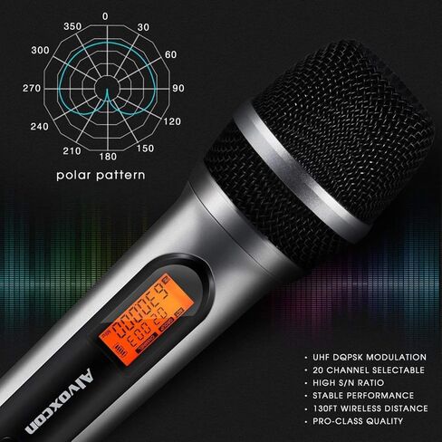 نظام ميكروفون لاسلكي Alvoxcon، ميكروفون ديناميكي UHF محمول باليد لـ PA، مضخم الصوت، ستيريو، المؤتمرات، DJ، التسجيل الصوتي، الغناء، الكنيسة، الأداء على المسرح، أحداث الحفلات (جهاز استقبال صغير بمقبس 1/4 بوصة) in Kuwait