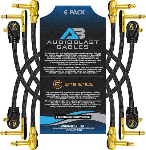6 Units - 15 Inch - Audioblast HQ-1-BRAID (Black) - Ultra Flexible -Dual Shielded(100%) -Instrument Effects Pedal Patch Cable w/Low-Profile, R/A Gold Pancake TS(6.35mm) Plugs & Dual Staggered Boots in Saudi Arabia