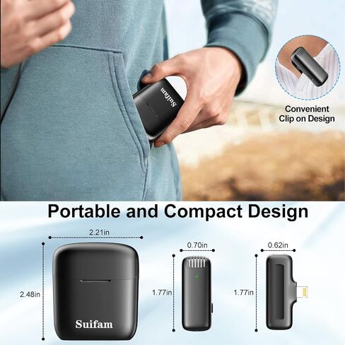 ميكروفون Suifam 2023 اللاسلكي لأجهزة iPhone وiPad مع علبة شحن طويلة الأمد، نطاق نقل 65 قدمًا، و3 أوضاع Denoise لمدونات الفيديو، والمقابلات، وتسجيل الفيديو in Saudi Arabia