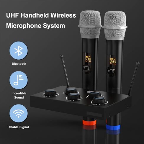 رايبوزن نظام ميكروفون لاسلكي، ميكروفون كاريوكي ديناميكي لاسلكي مزدوج UHF محمول باليد للكمبيوتر والتلفزيون ومكبر الصوت والحفلات والاجتماعات ودي جي والزفاف يدعم مدخل وخارج AUX البصري in Kuwait