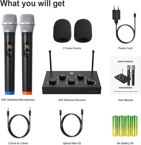 رايبوزن نظام ميكروفون لاسلكي، ميكروفون كاريوكي ديناميكي لاسلكي مزدوج UHF محمول باليد للكمبيوتر والتلفزيون ومكبر الصوت والحفلات والاجتماعات ودي جي والزفاف يدعم مدخل وخارج AUX البصري in Kuwait